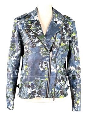 COLLEEN LOPEZ Vegan Leather Blue Floral Print Moto Jacket, Pockets, Size L.